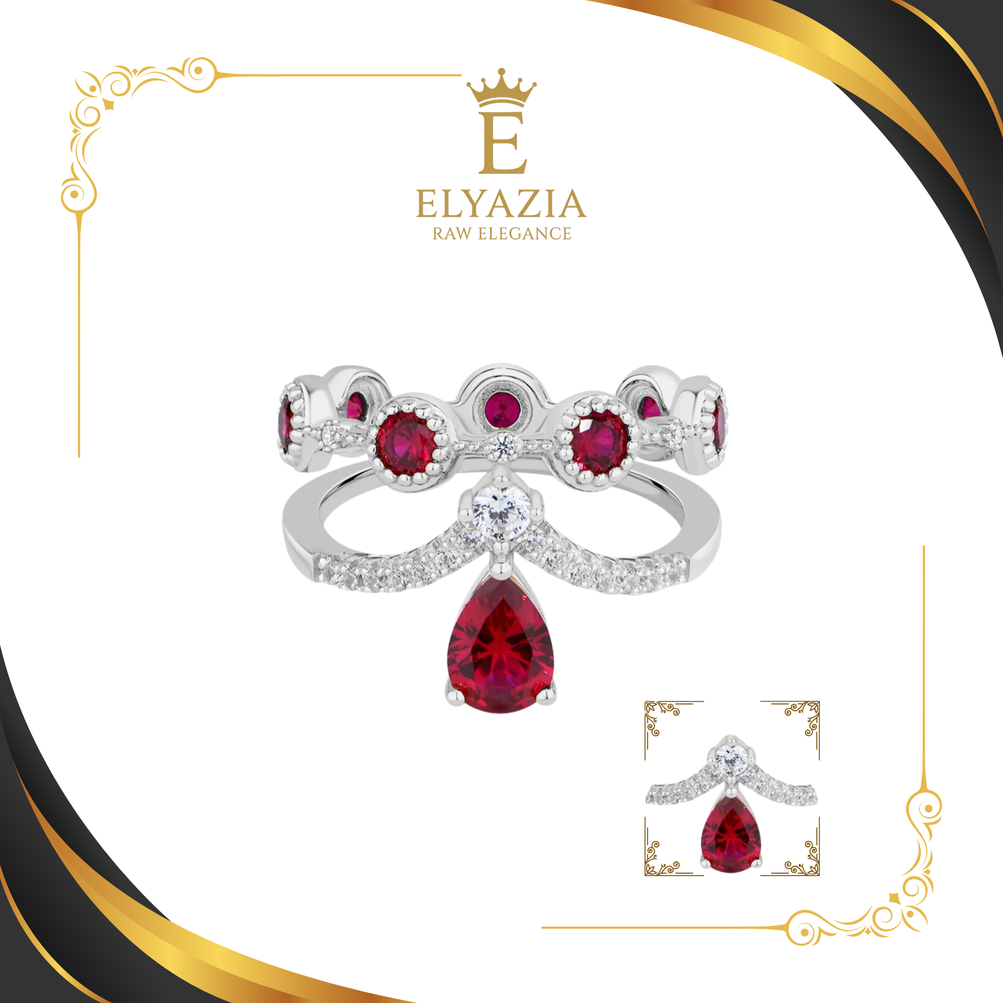 Lab Ruby Crown Ring with Zircon Halo | S925 Sterling Silver
