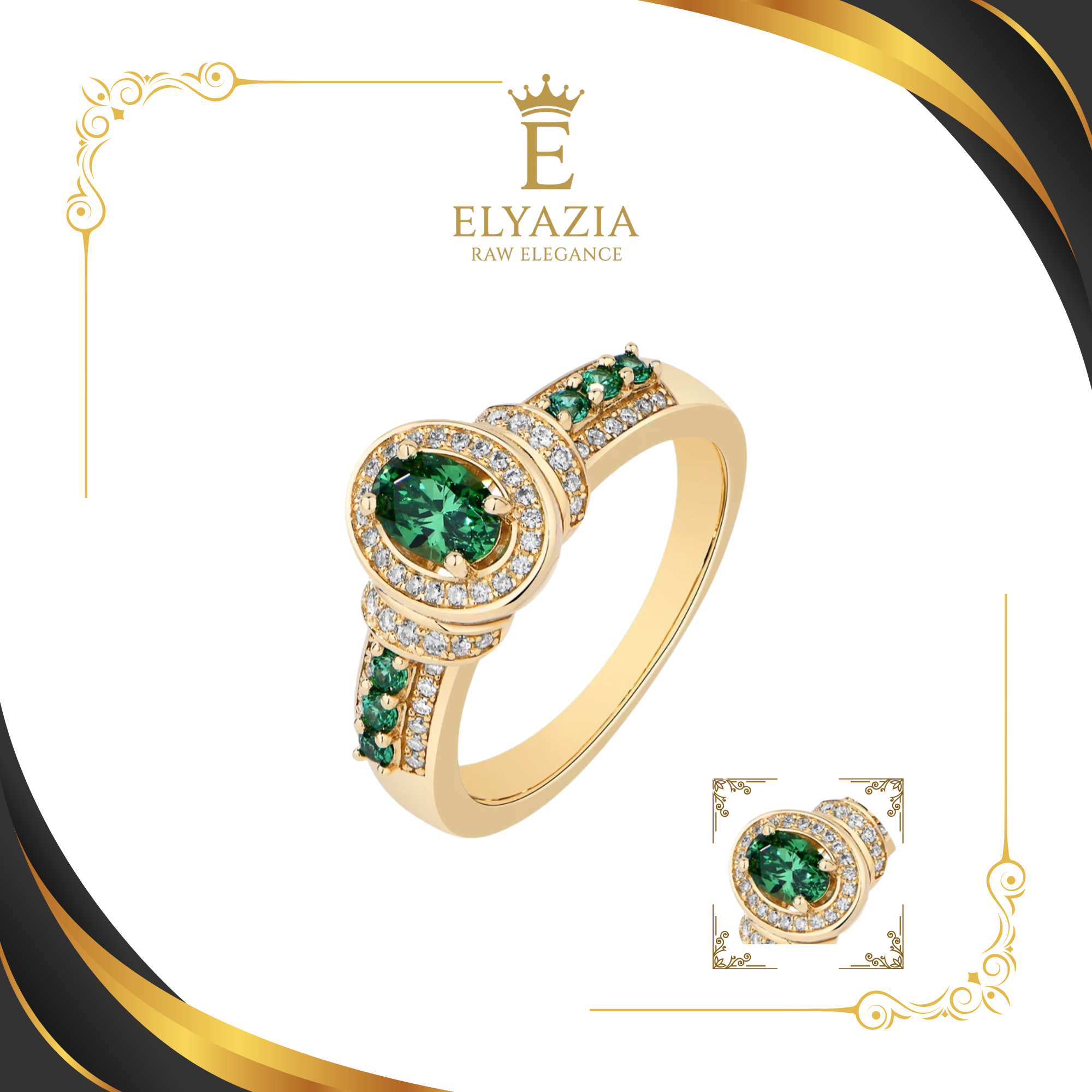 Gold ring with green gemstones and Elyazia logo on a white background