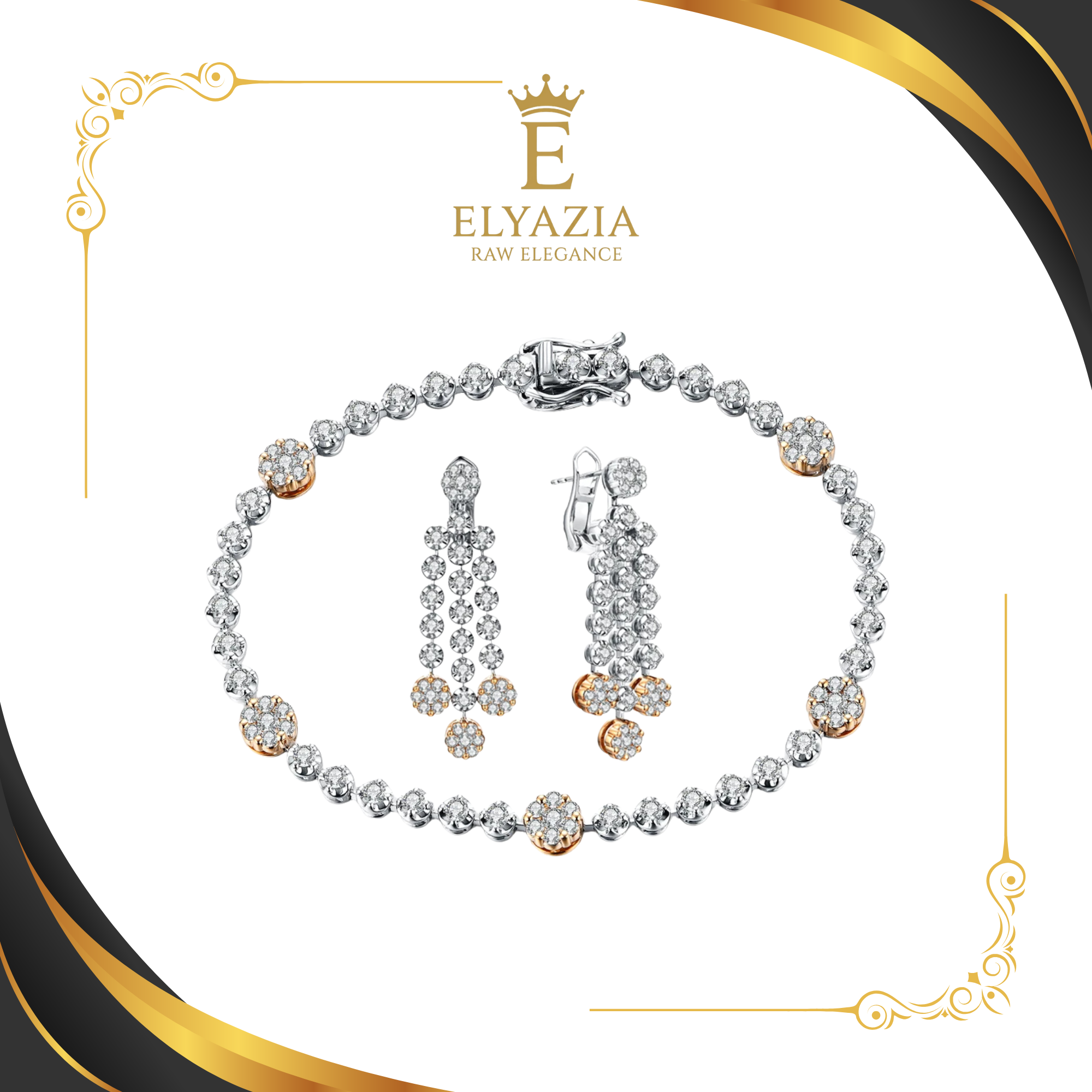 Jewelry set with bracelet and earrings on a white background, featuring the Elyazia brand.
