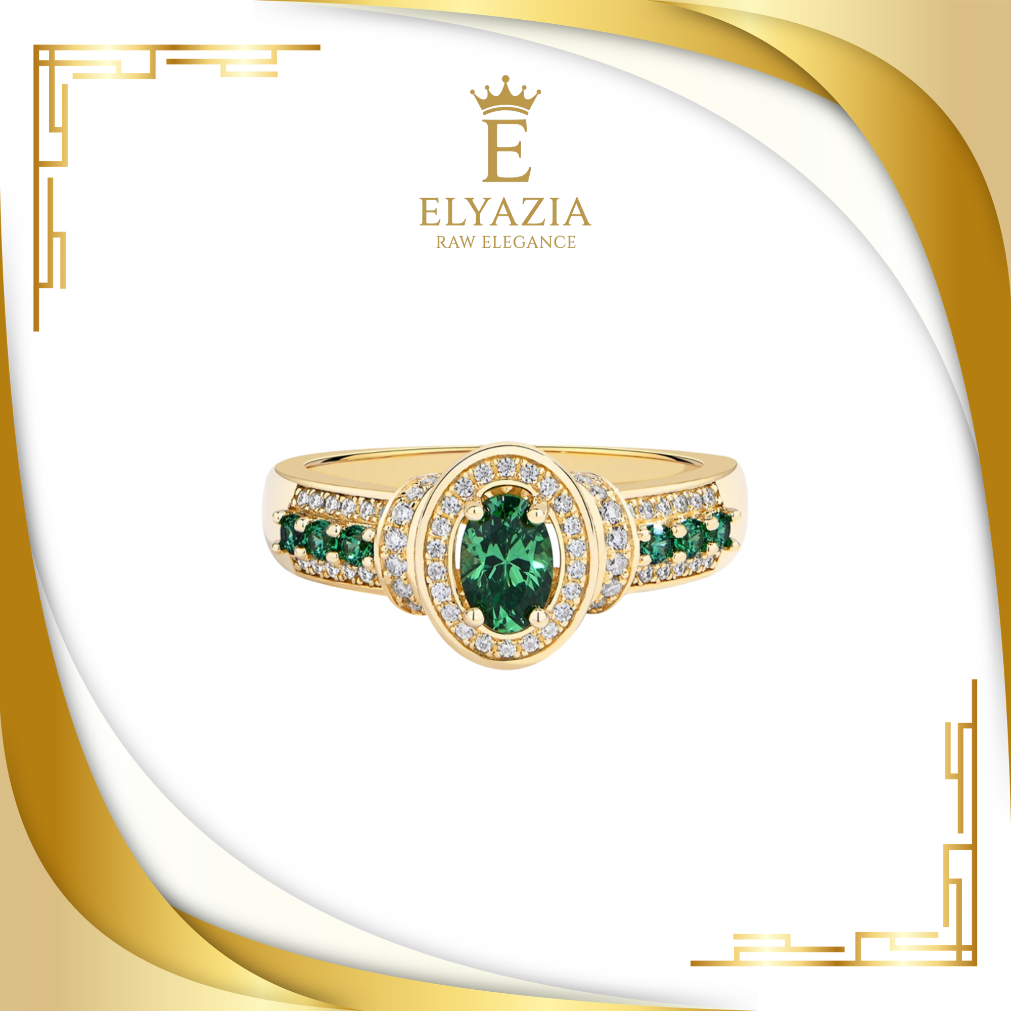 Gold ring with green gemstones on a white background with Elyazia logo