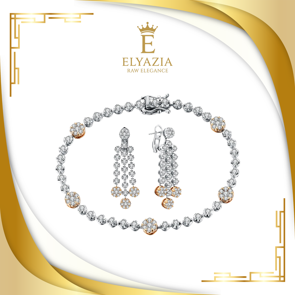 Jewelry set with bracelet and earrings on a white background with Elyazia logo.