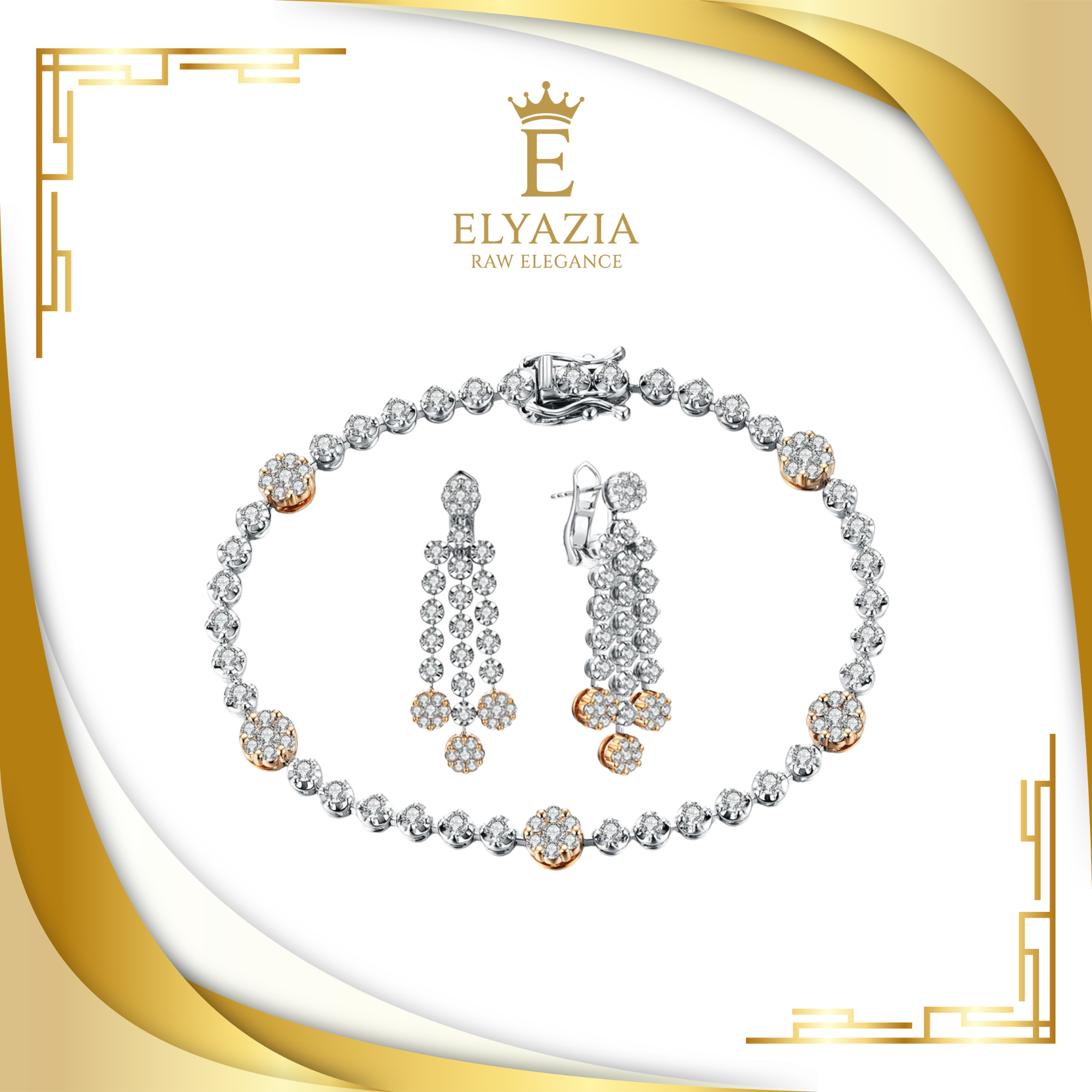 Jewelry set with bracelet and earrings on a white background with Elyazia logo.
