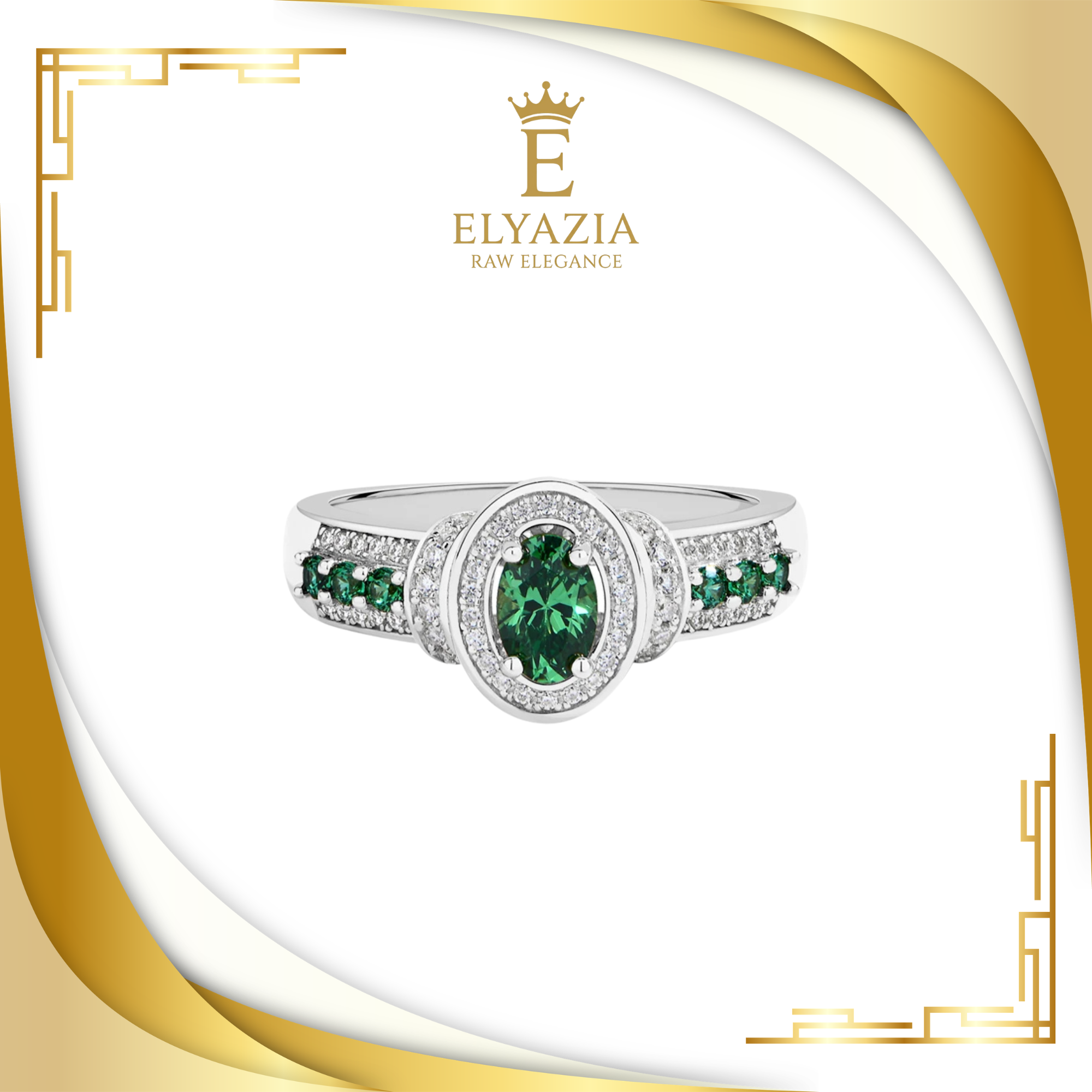 Elyazia ring with green gemstones on a white and gold background