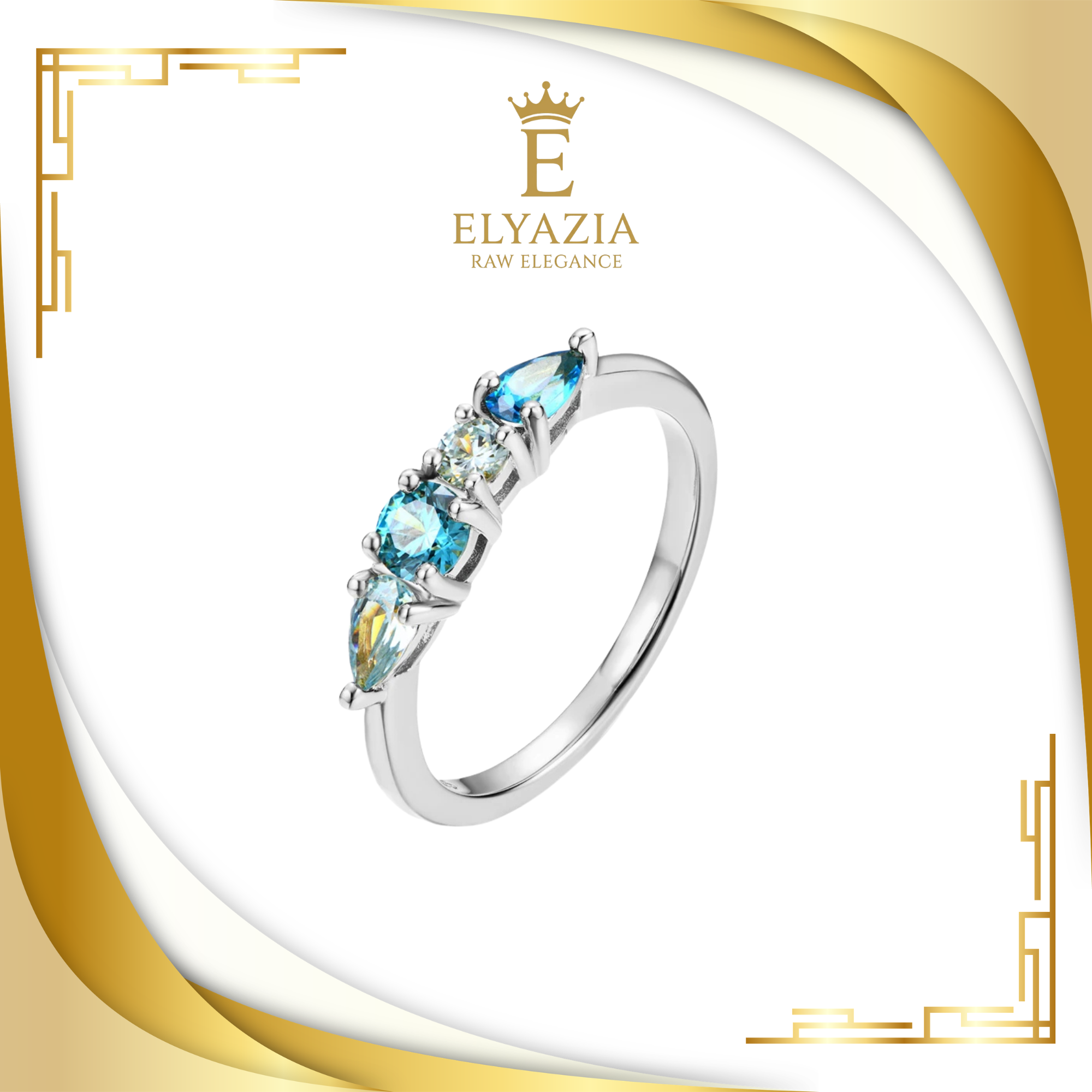 Silver ring with blue gemstones on a white and gold background, featuring the Elyazia brand.