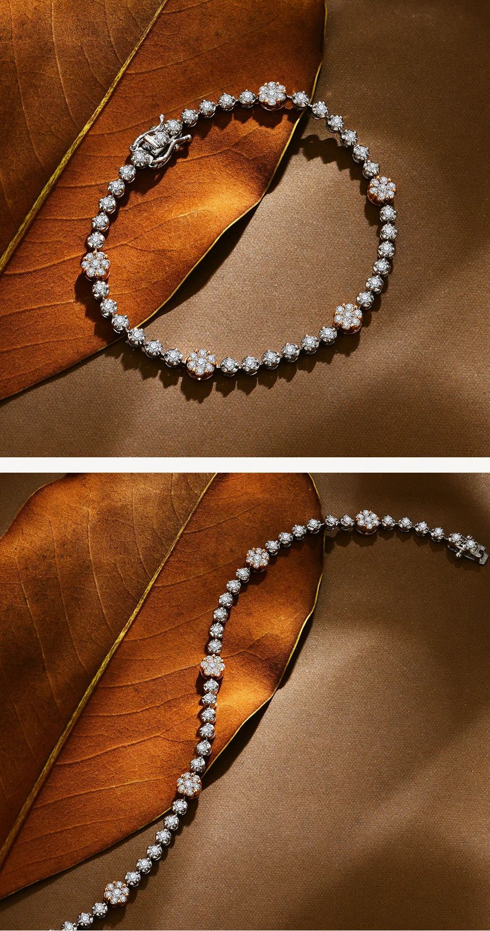 Pearl bracelet on a brown leaf with 'CATEGORIES' text at the top.