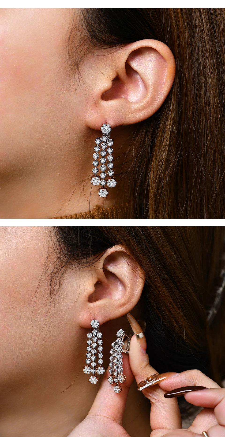 Close-up of a person wearing sparkling silver earrings with a top-down view showing the earring being adjusted.