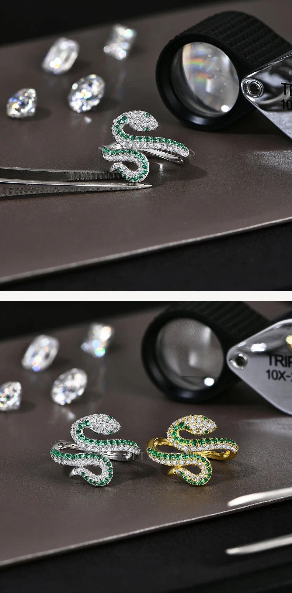 Snake-shaped jewelry with gemstones on a dark surface, featuring a magnifying glass.
