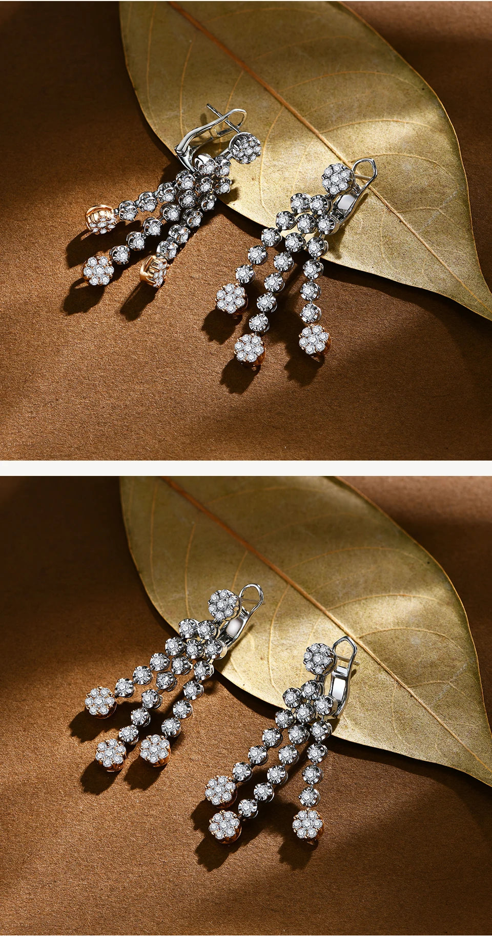 Pair of pearl earrings on a brown background with a gold leaf