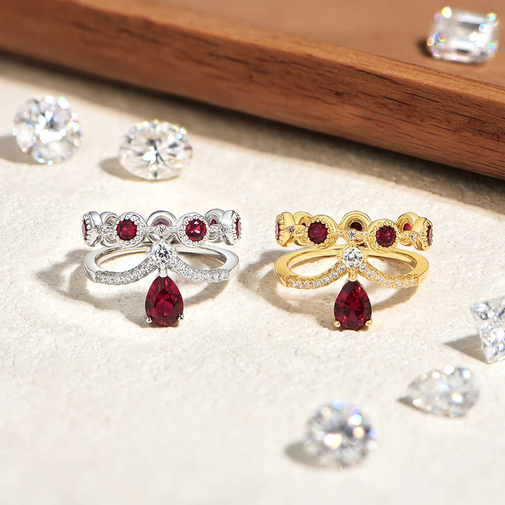 Lab Ruby Crown Ring with Zircon Halo | S925 Sterling Silver
