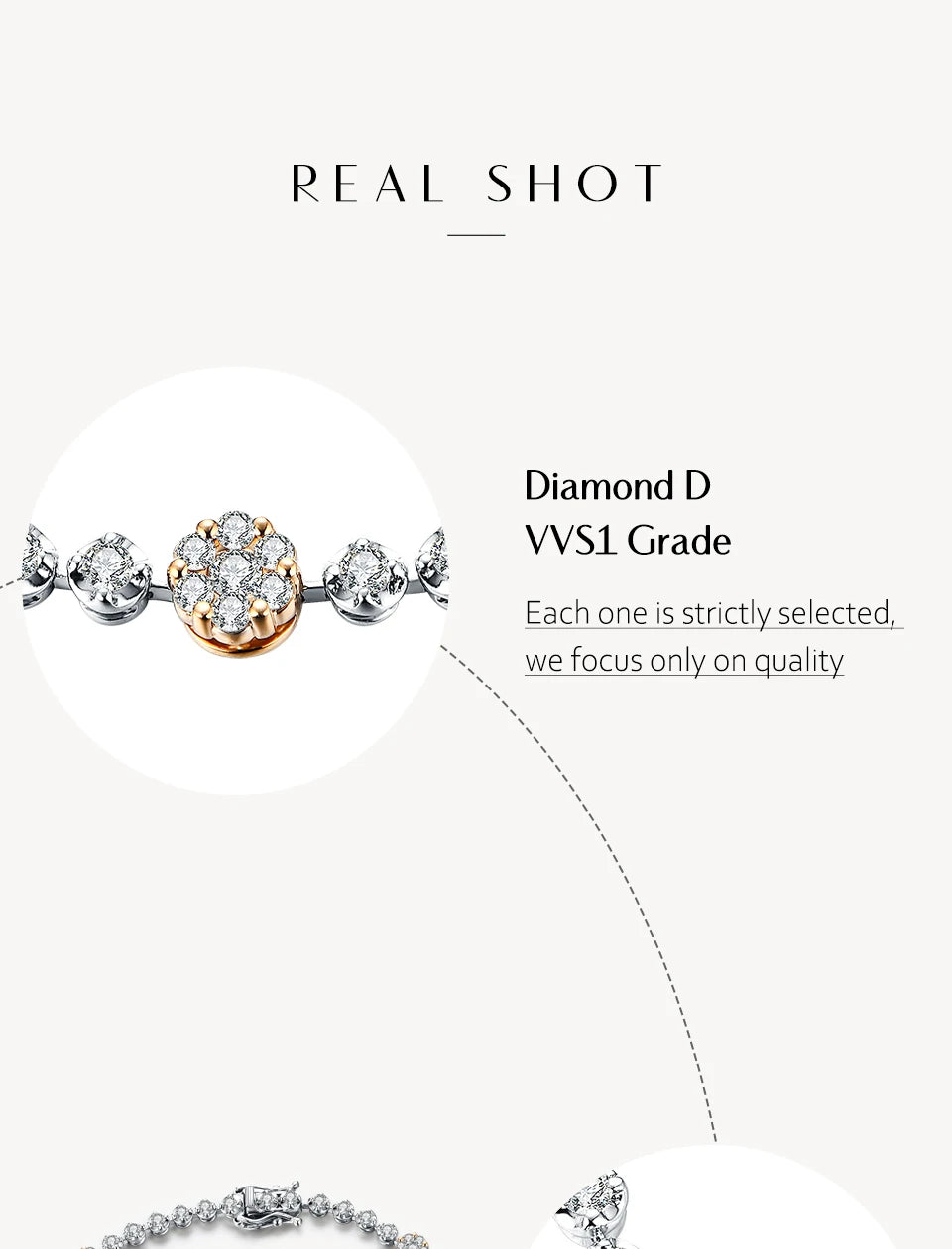 Diamond bracelet with 'Real Shot' and 'Diamond D VVS1 Grade' text on a white background