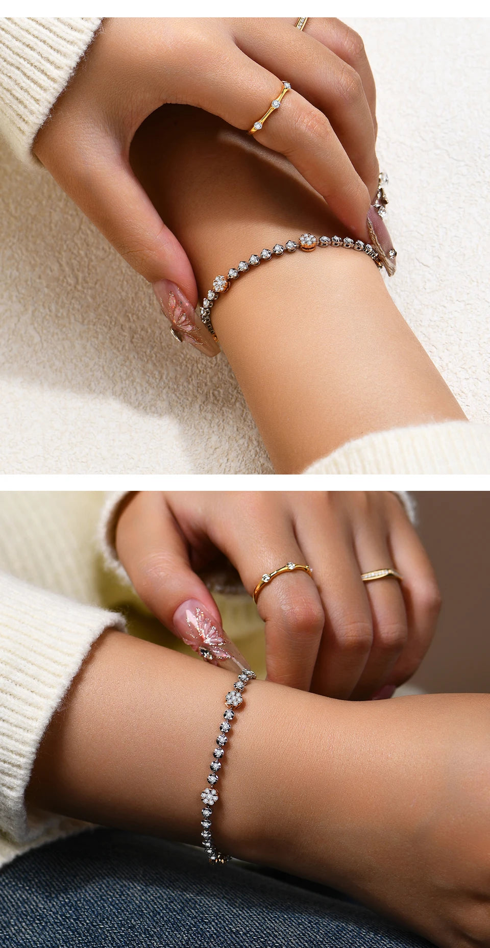 Close-up of a wrist wearing a bracelet with a ring on a neutral background