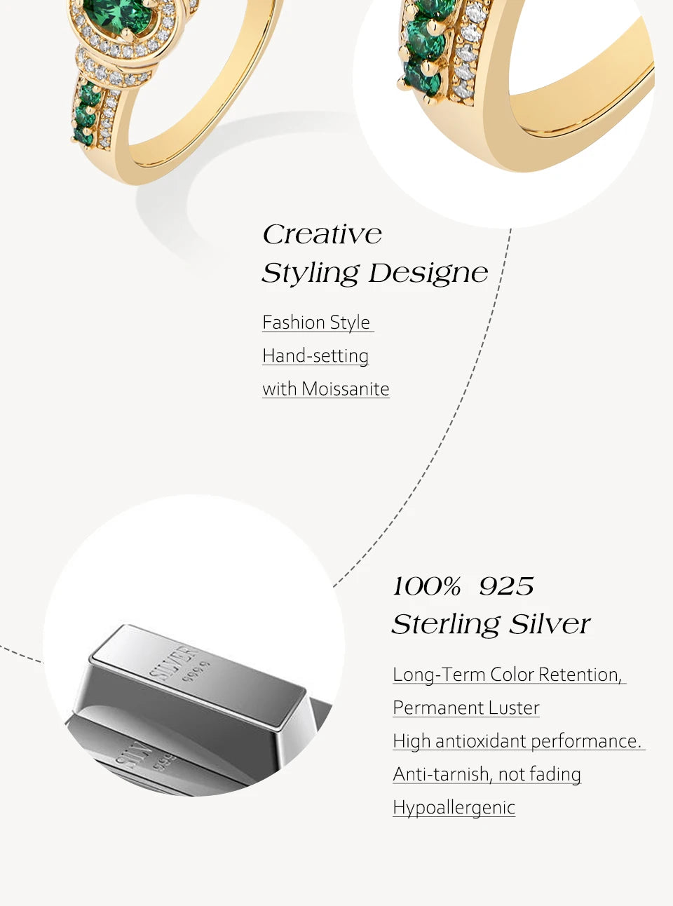 Gold and silver jewelry with gemstones on a white background, featuring text about material and design.