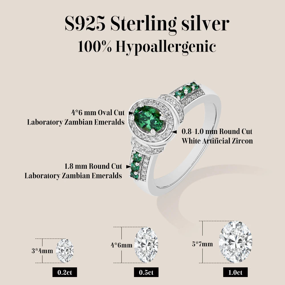 Silver ring with green gemstones and technical details on a beige background