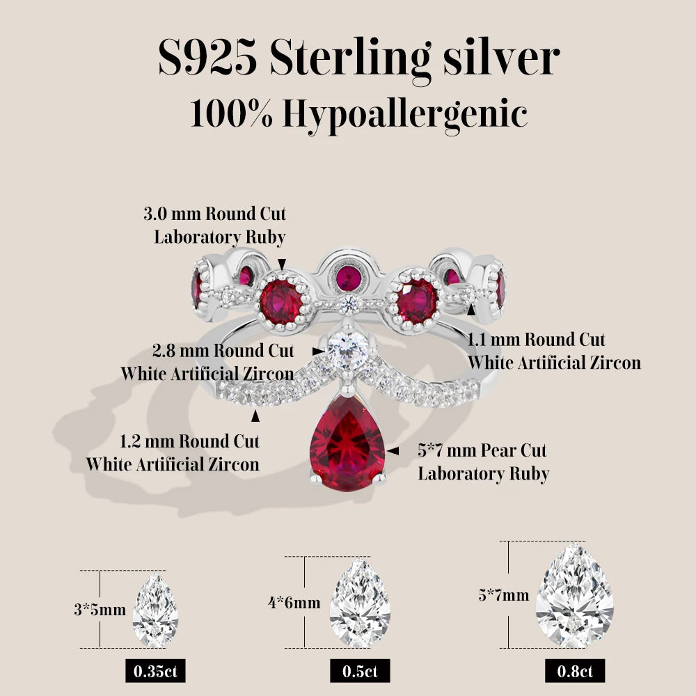 Lab Ruby Crown Ring with Zircon Halo | S925 Sterling Silver