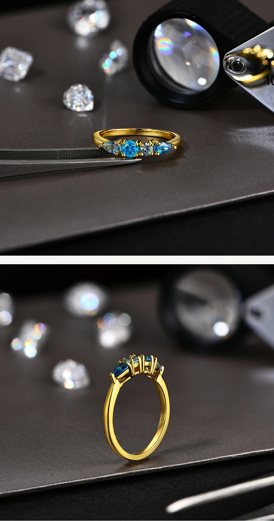 Gold ring with blue gemstones on a dark surface with scattered diamonds.
