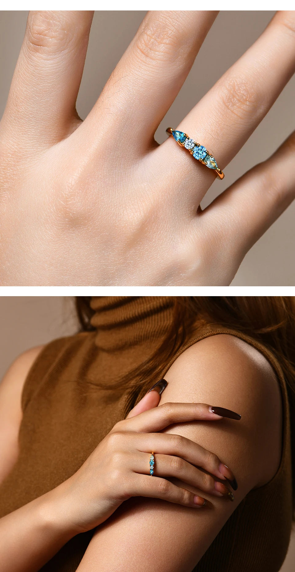 Close-up of a hand wearing a ring with blue stones, followed by a wider shot of a woman wearing a similar ring on her arm.