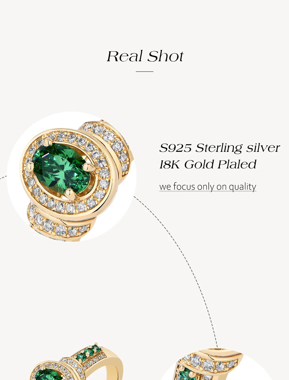 Gold-plated ring with green gemstone on a white background